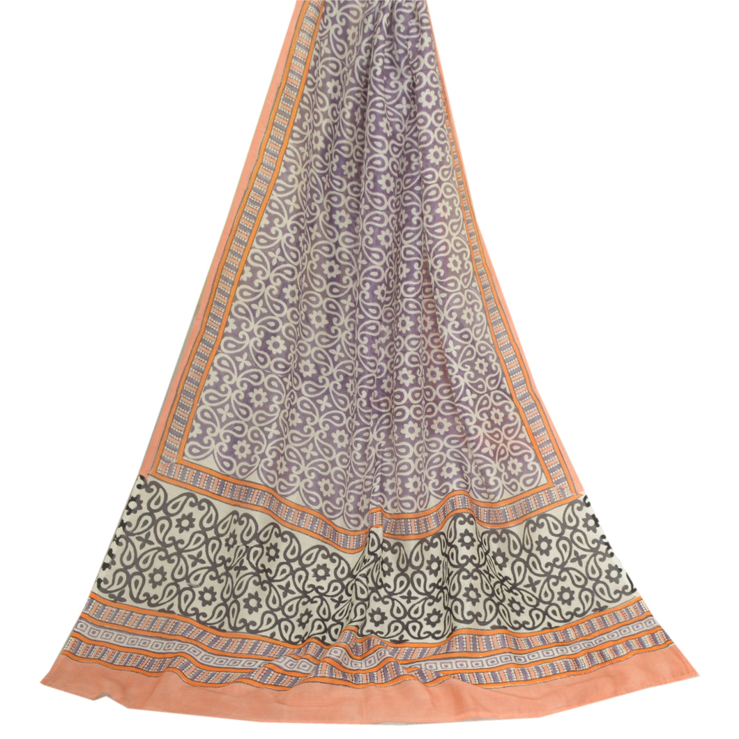 Sanskriti Vintage Long Dupatta Stole Cotton Silk Purple/Peach Hand-Block Print