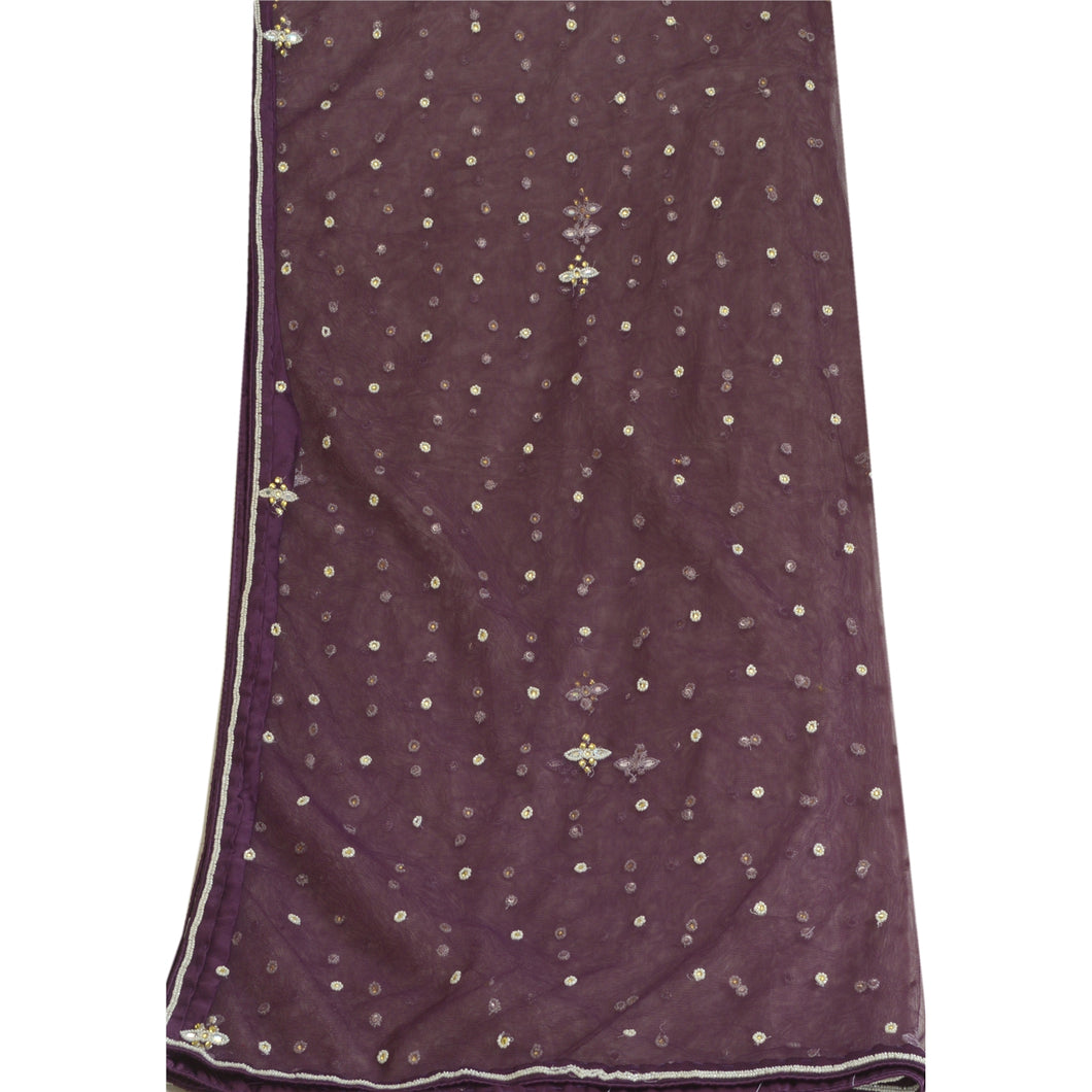 Sanskriti Vintage Purple Long Dupatta Stole Net Mesh Veil Hand Beaded Scarves