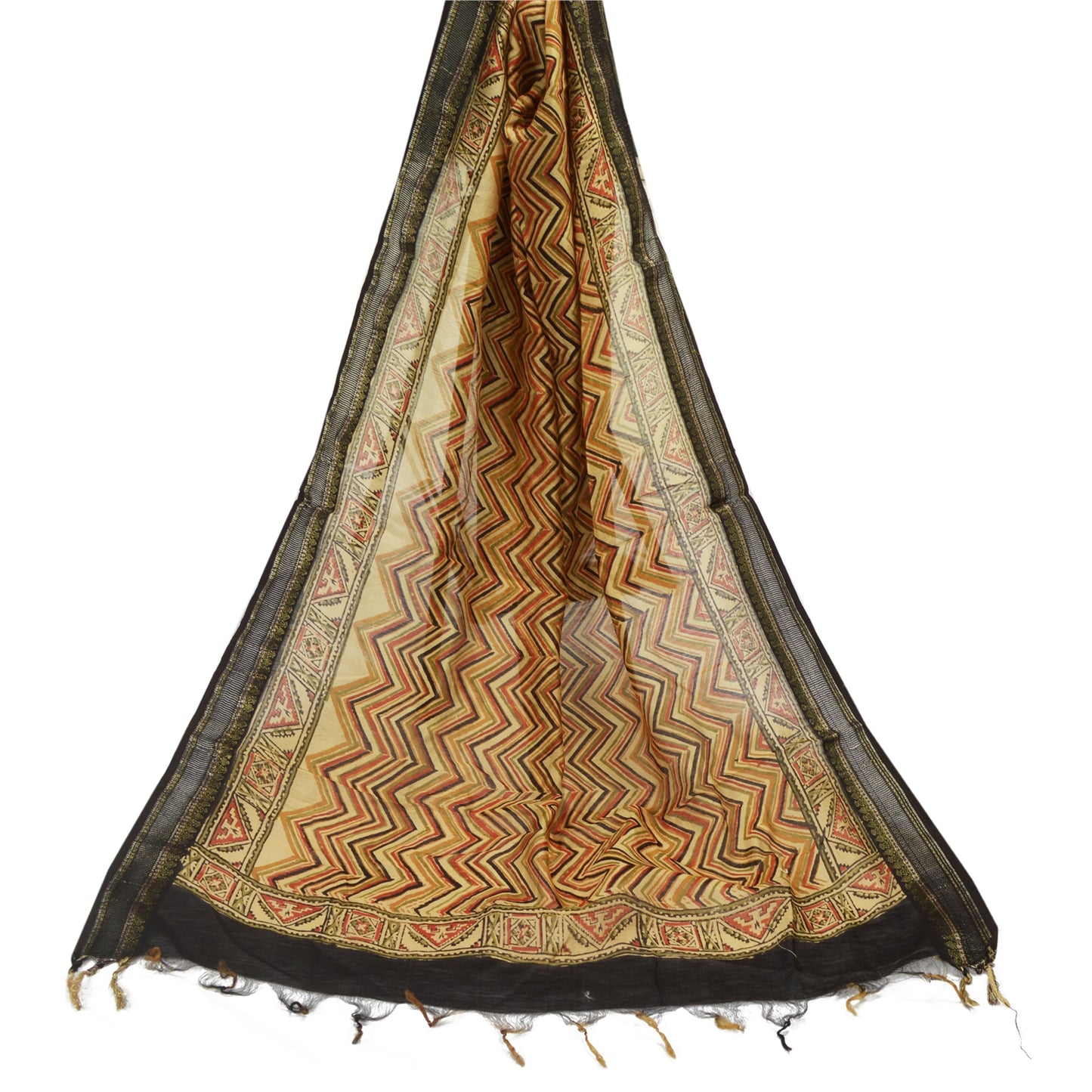 Sanskriti Vintage Lang Dupatta Stola Ren Silke Brun Håndbloktrykt Sjal