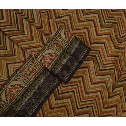 Sanskriti Vintage Lang Dupatta Stola Ren Silke Brun Håndbloktrykt Sjal