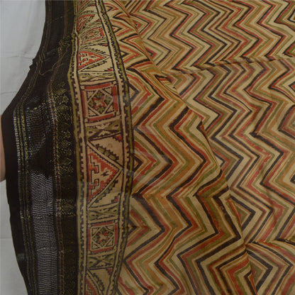 Sanskriti Vintage Lang Dupatta Stola Ren Silke Brun Håndbloktrykt Sjal