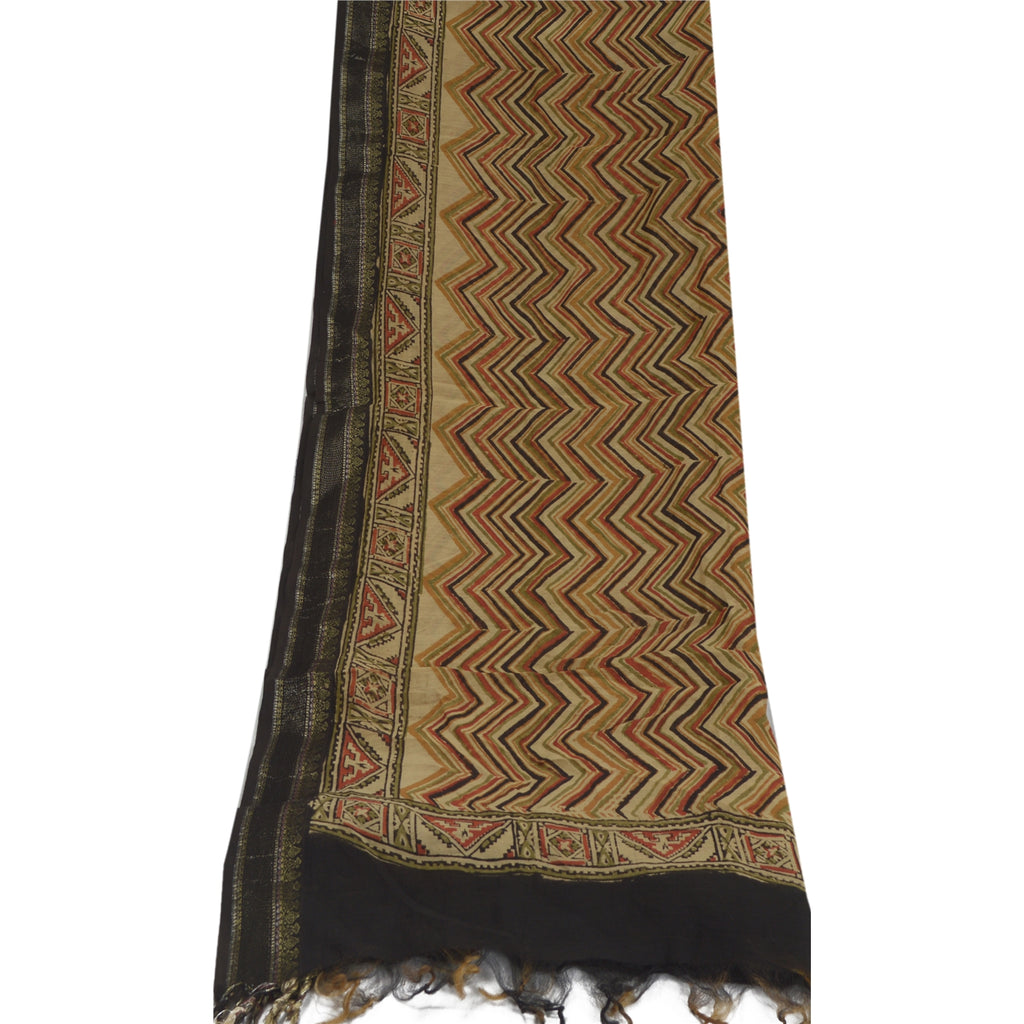 Sanskriti Vintage Lang Dupatta Stola Ren Silke Brun Håndbloktrykt Sjal