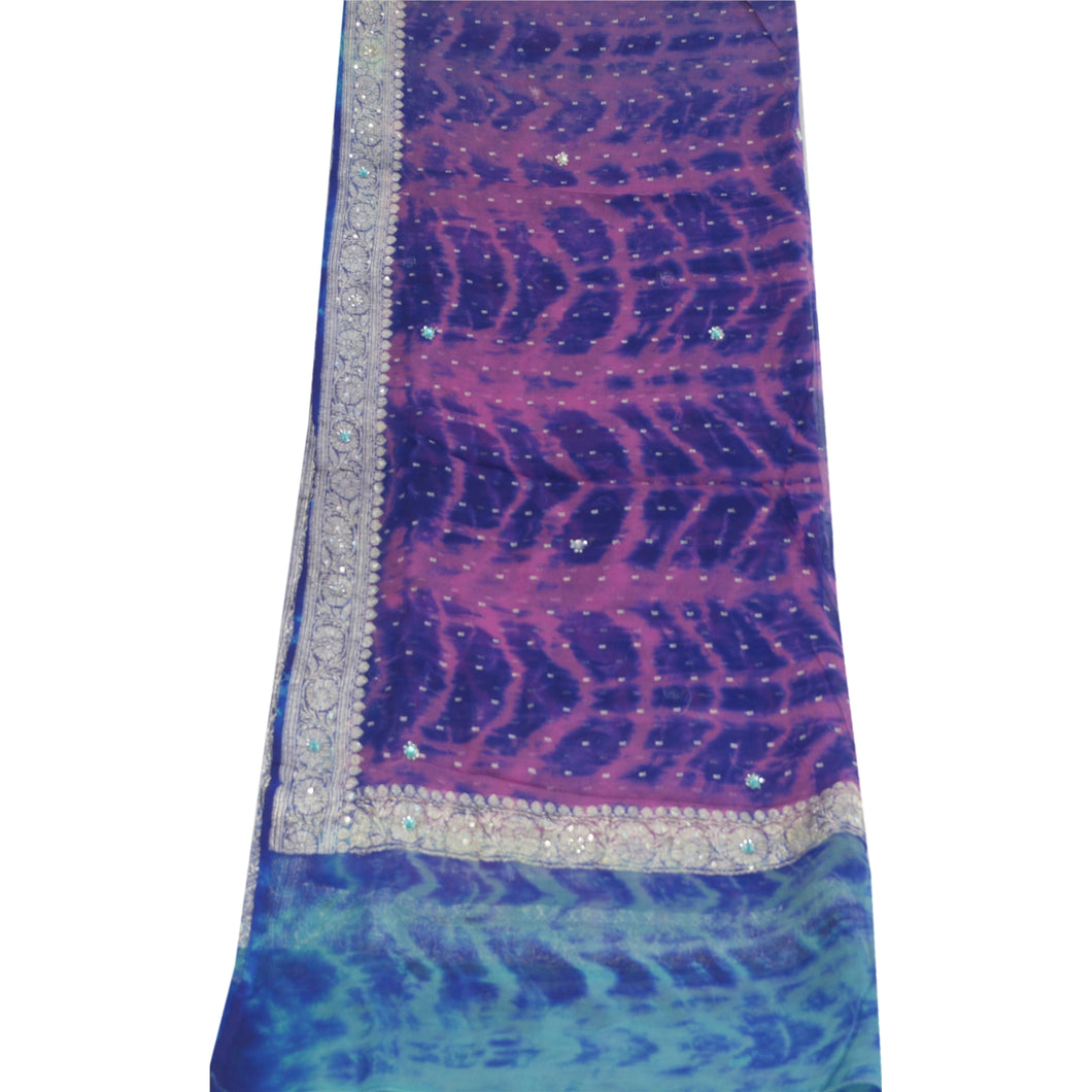 Sanskriti Vintage Dupatta Long Stole Pure Georgette Silk Blue Brocade & Tie-Dye