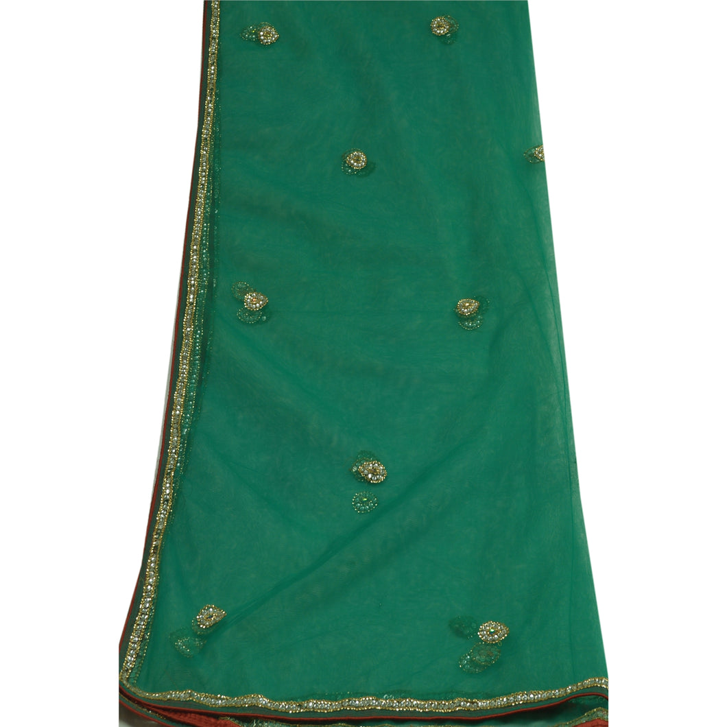Sanskriti Vintage Dupatta Long Stole Net Mesh Green Hand Beaded Wrap Scarves