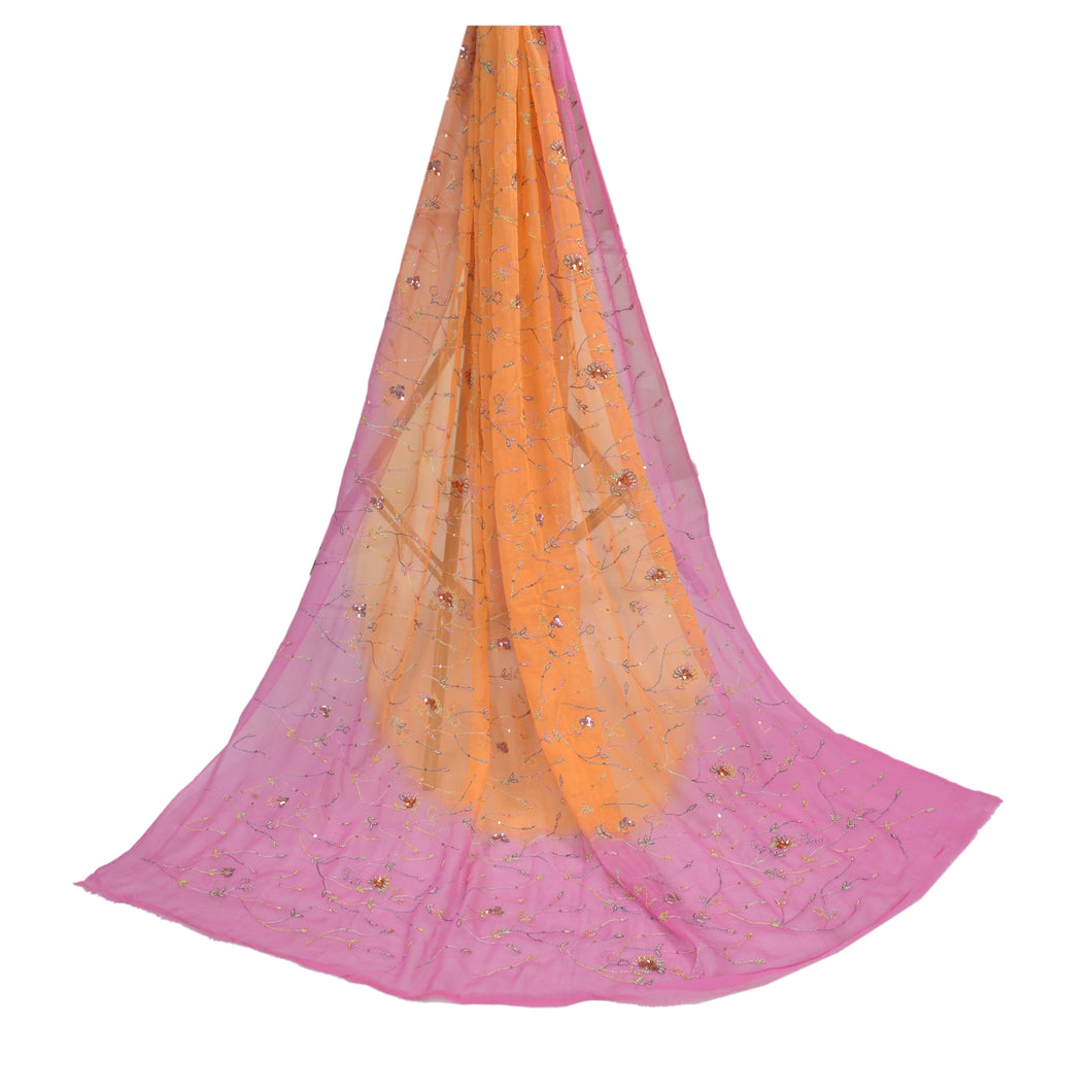 Sanskriti Vintage Dupatta Long Stole Pure Georgette Silk Peach/Pink Hand Beaded