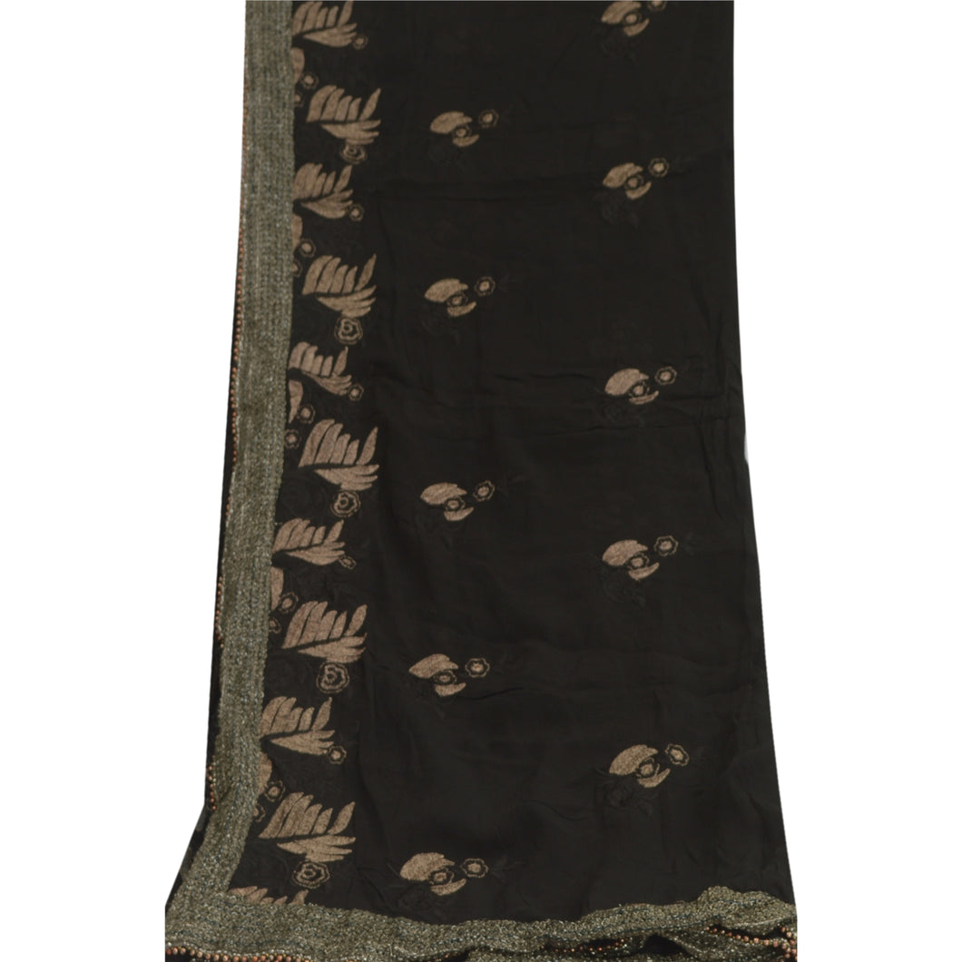 Sanskriti Vintage Dupatta Long Stole Pure Chiffon Silk Black Hand Beaded Scarves