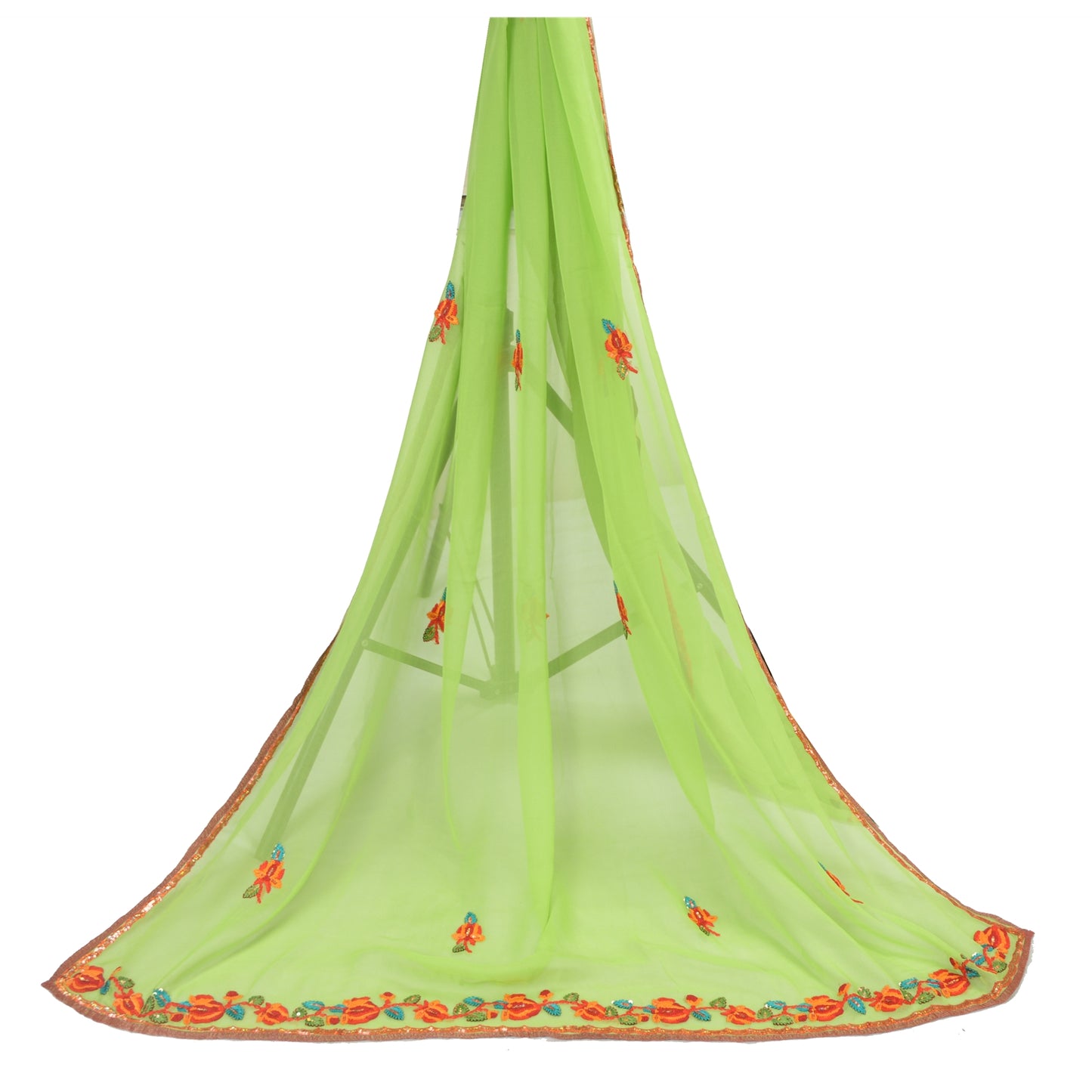 Sanskriti Vintage Dupatta Lang Stola Ren Georgette Silke Grøn Håndperlet Slør