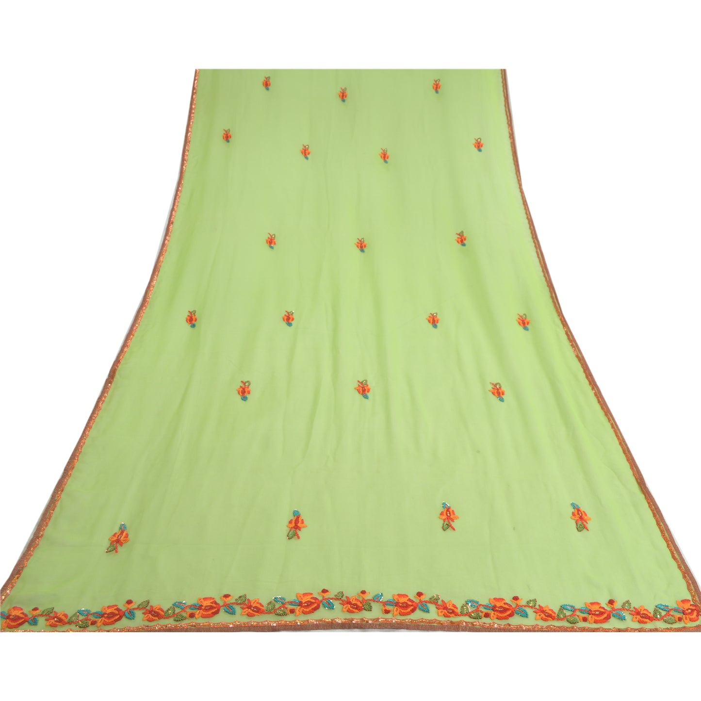 Sanskriti Vintage Dupatta Lang Stola Ren Georgette Silke Grøn Håndperlet Slør