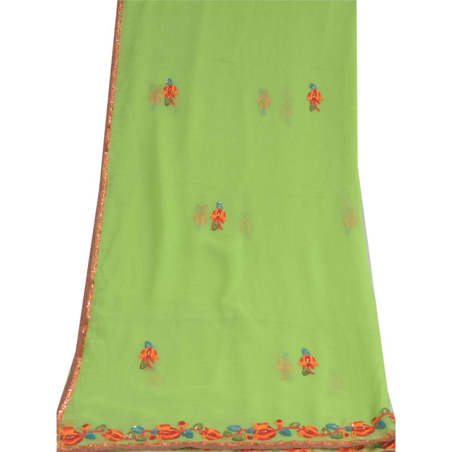 Sanskriti Vintage Dupatta Lang Stola Ren Georgette Silke Grøn Håndperlet Slør