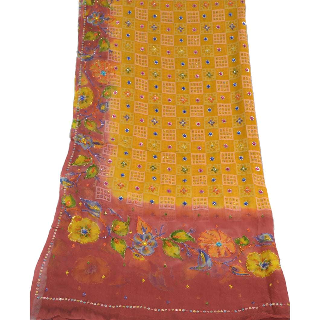 Sanskriti Vintage Dupatta Long Stole Pure Georgette Silk Yellow Hand Beaded Veil