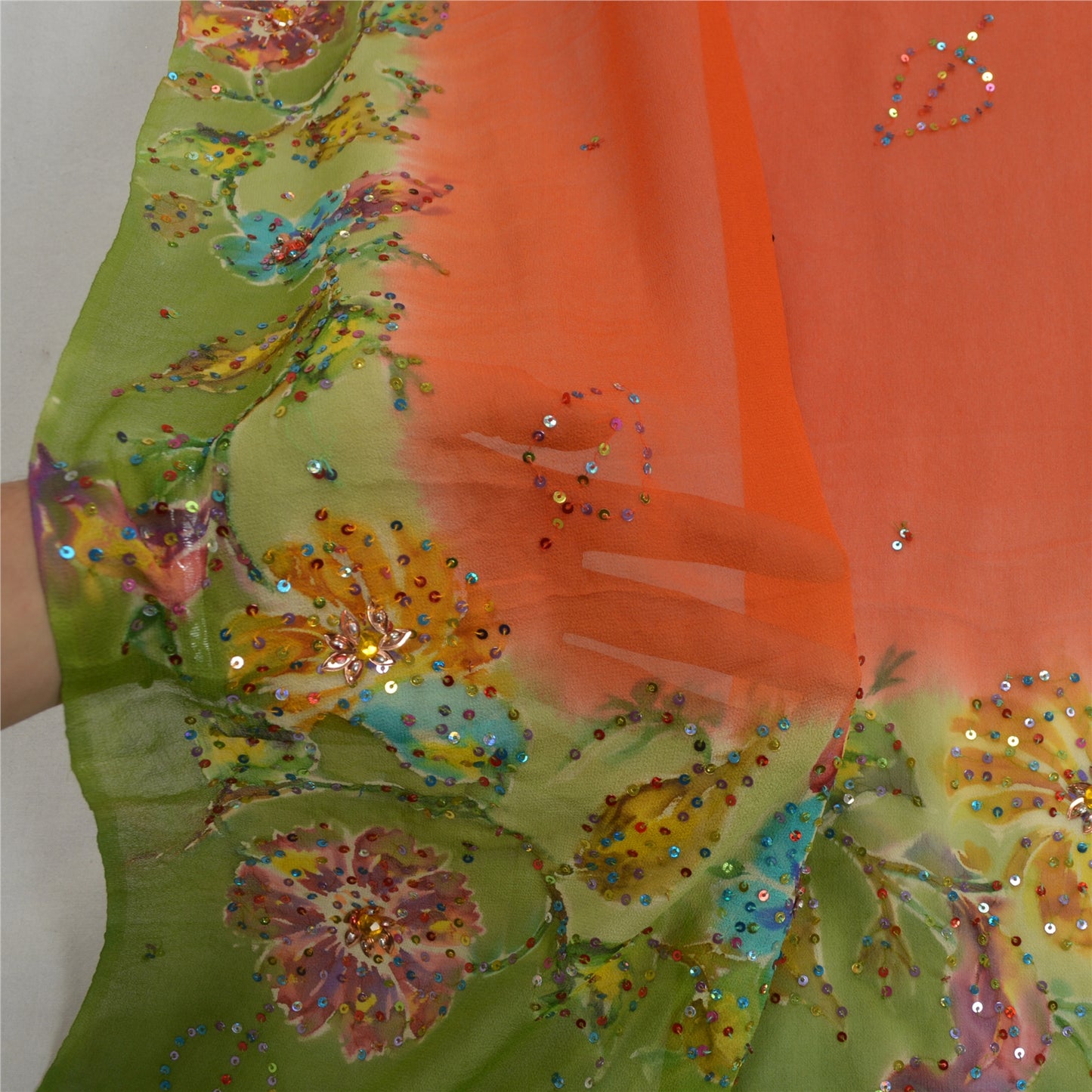 Sanskriti Vintage Dupatta Long Stole Pure Georgette Silk Orange/Green Hand Beads