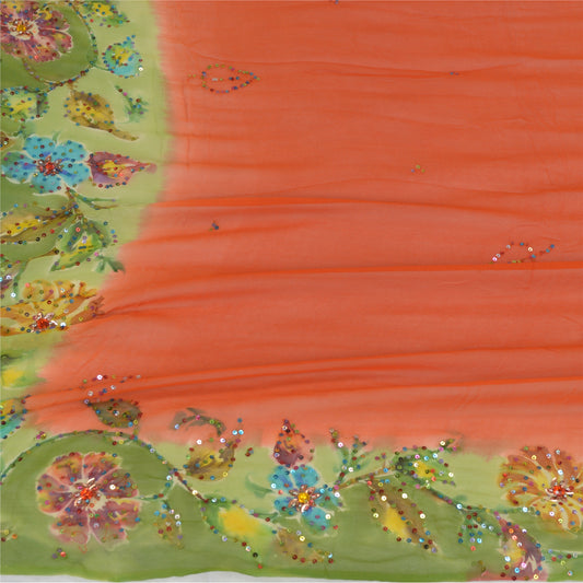 Sanskriti Vintage Dupatta Lang Stol Ren Georgette Silke Orange/Grøn Håndperler
