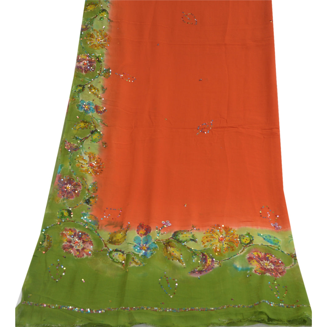 Sanskriti Vintage Dupatta Long Stole Pure Georgette Silk Orange/Green Hand Beads