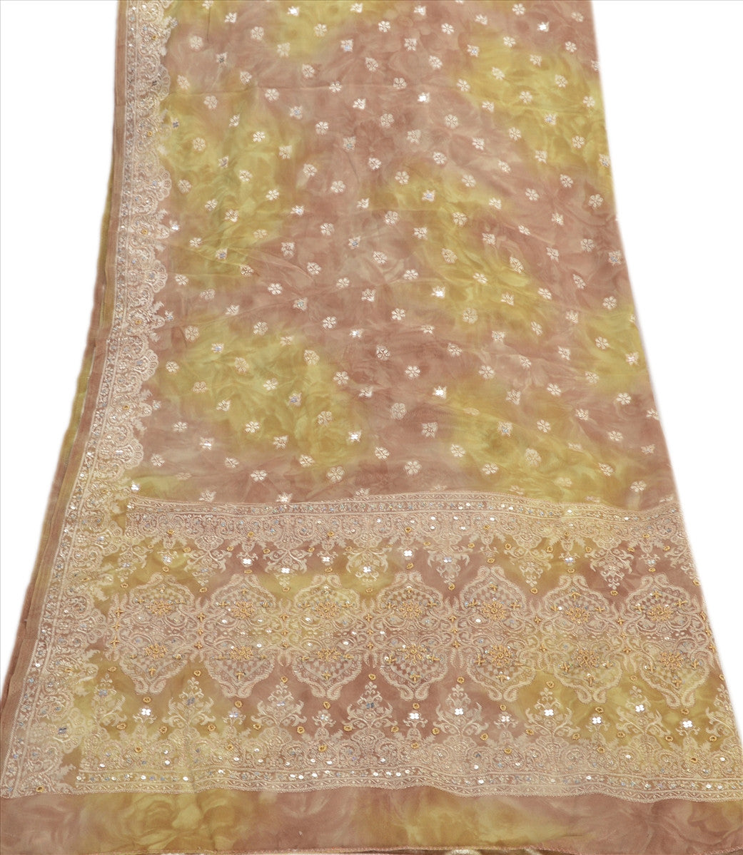 Vintage Dupatta Scarf Art Silk Green Saffron Hijab Hand Beaded Woven Veil Stole