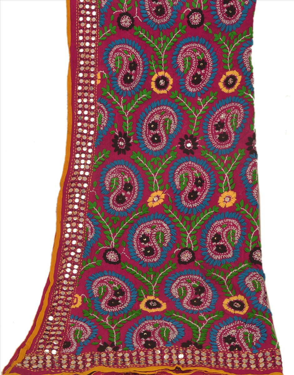 Sanskriti Vintage Purple Dupatta Long Stole Georgette OOAK Hand Embroidered Phulkari Scarves Wrap