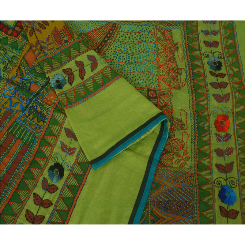 Sanskriti Vintage New Green Dupatta Hand Embroidered Kantha Bengal Stole Chanderi Silk Hijab Indian Heritage Textile Women Traditional Dress