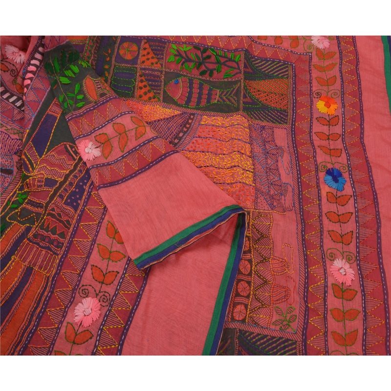 Sanskriti Vintage New Pink Dupatta Stole Chanderi Silk Handmade Madhubani & Kantha Work Uses-Table linen, Cushions, Curtains, Dressing, Decor,