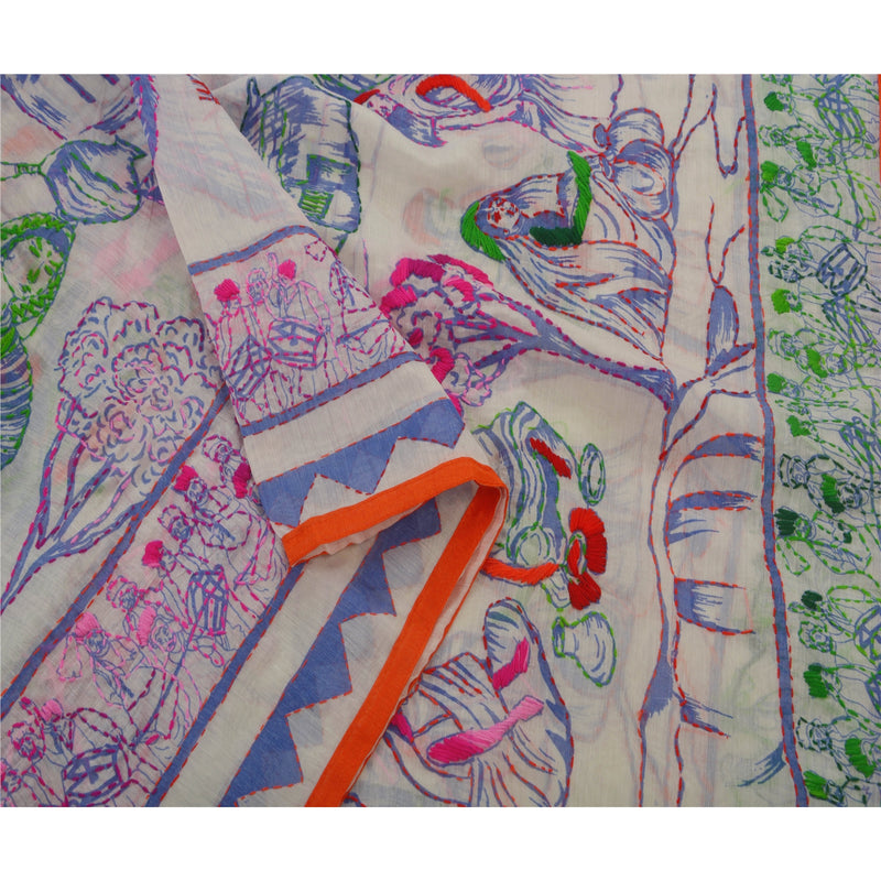 Sanskriti Vintage Ivory Chanderi Dupatta Hand Embroidered Kantha Printed Decor, Sewing, Upcycling, DIY Projects Crafting,Upcycling