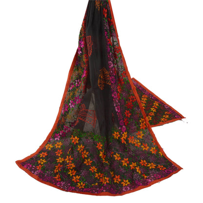 Sanskriti Vintage New Black Heavy Dupatta Hand Embroidered Phulkari Stole Chanderi Silk