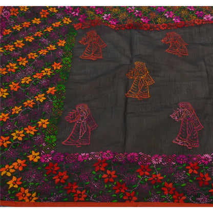 Sanskriti Vintage New Black Heavy Dupatta Hand Embroidered Phulkari Stole Chanderi Silk