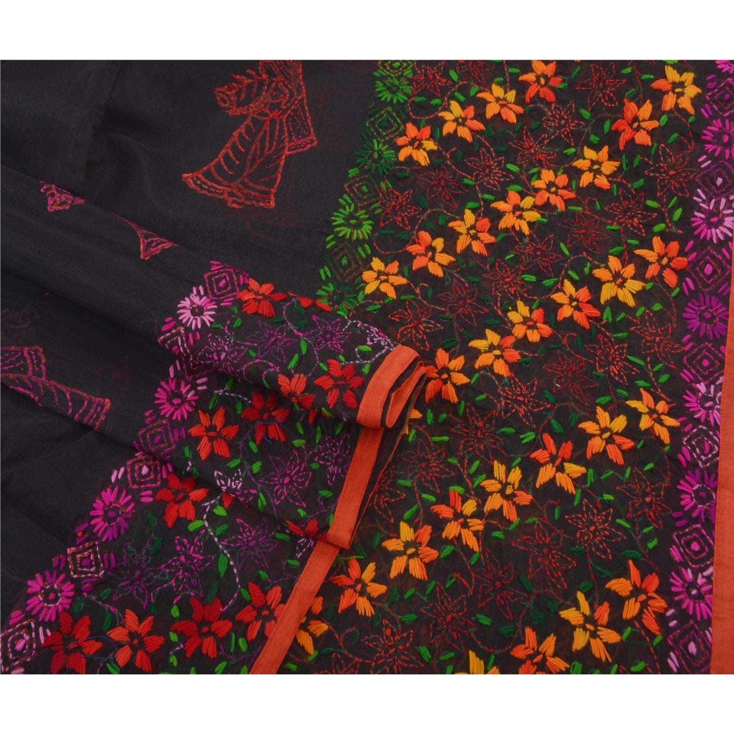 Sanskriti Vintage New Black Heavy Dupatta Hand Embroidered Phulkari Stole Chanderi Silk