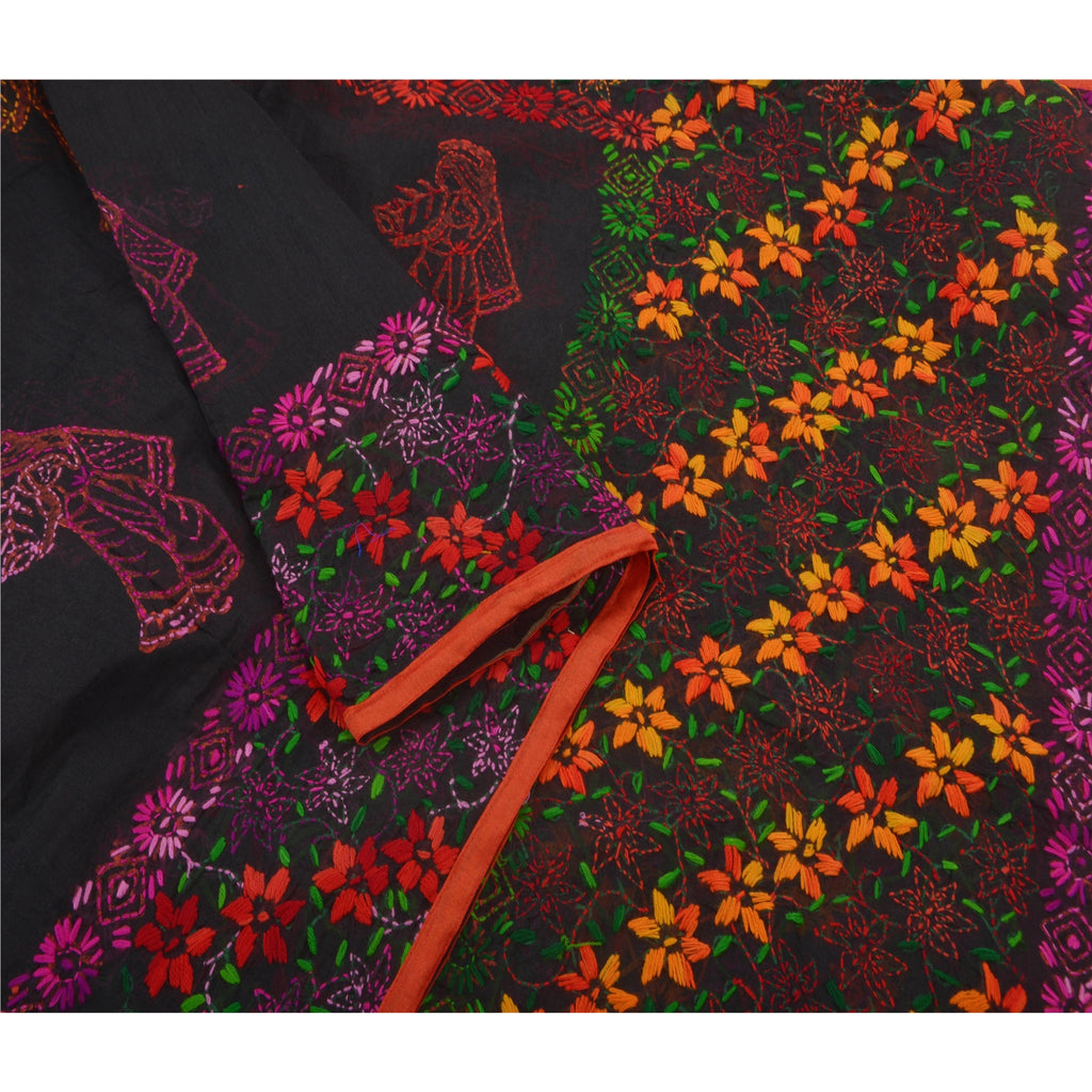 Sanskriti Vintage New Black Heavy Dupatta Hand Embroidered Phulkari Stole Chanderi Silk