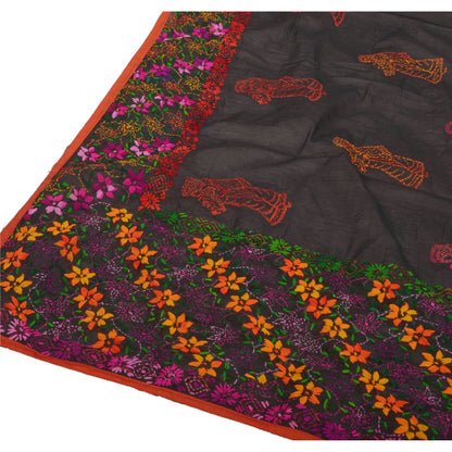 Sanskriti Vintage New Black Heavy Dupatta Hand Embroidered Phulkari Stole Chanderi Silk