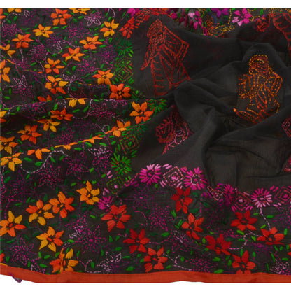 Sanskriti Vintage New Black Heavy Dupatta Hand Embroidered Phulkari Stole Chanderi Silk