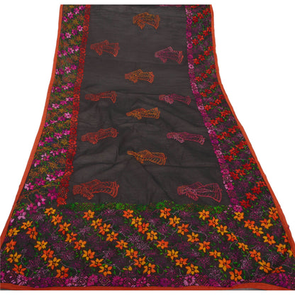 Sanskriti Vintage New Black Heavy Dupatta Hand Embroidered Phulkari Stole Chanderi Silk