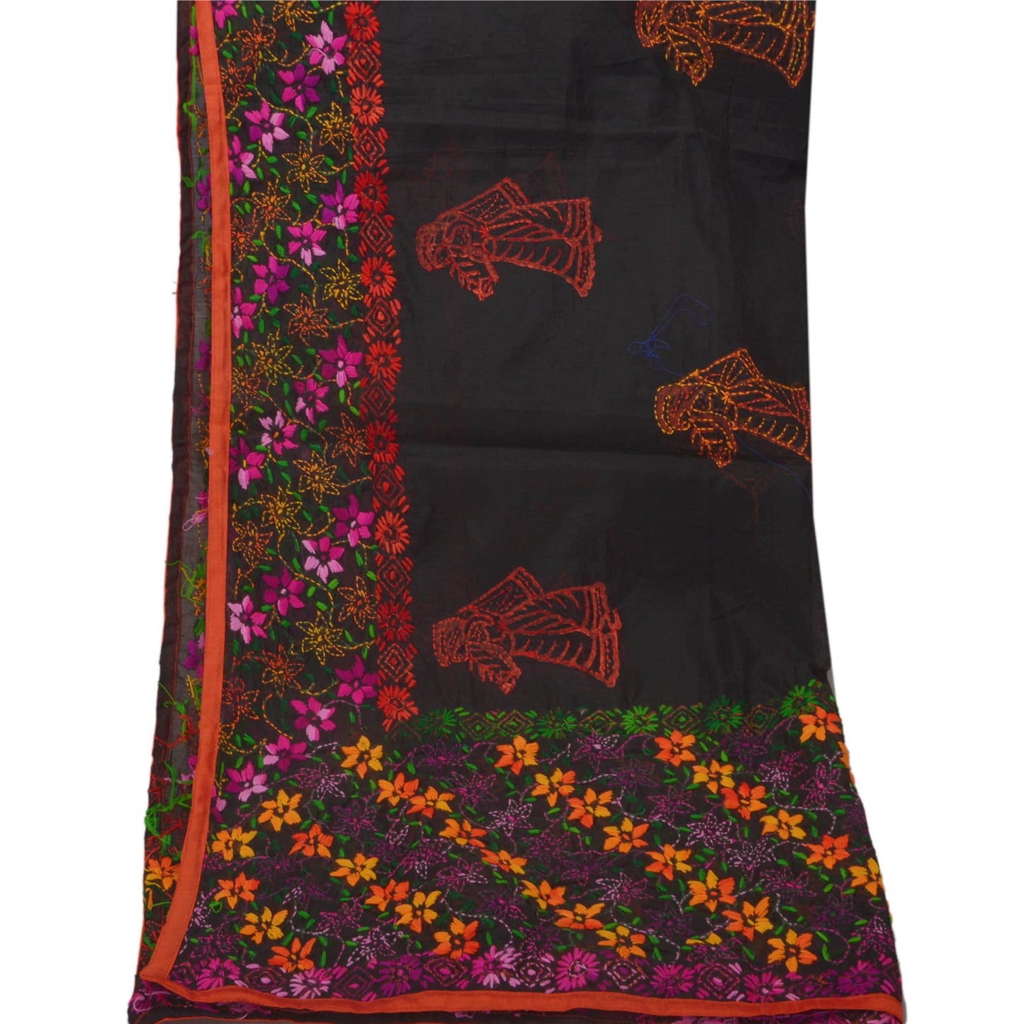 Sanskriti Vintage New Black Heavy Dupatta Hand Embroidered Phulkari Stole Chanderi Silk
