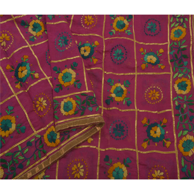 Sanskriti Vintage New Purple Heavy Dupatta Hand Embroidered Phulkari Stole Chanderi Silk