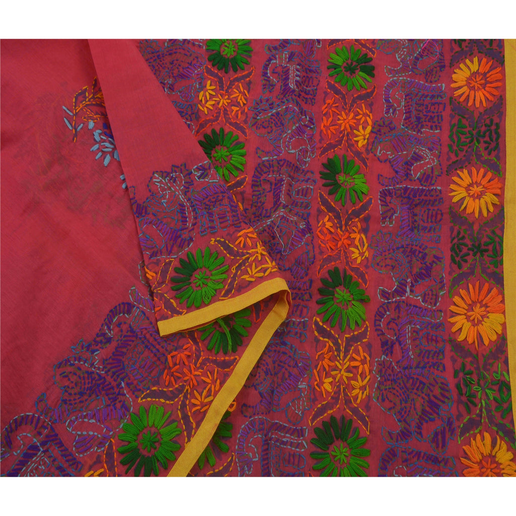Sanskriti Vintage New Pink Heavy Dupatta Hand Embroidered Kantha Stole Chanderi Silk