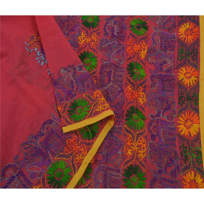 Sanskriti Vintage New Pink Heavy Dupatta Hand Embroidered Kantha Stole Chanderi Silk
