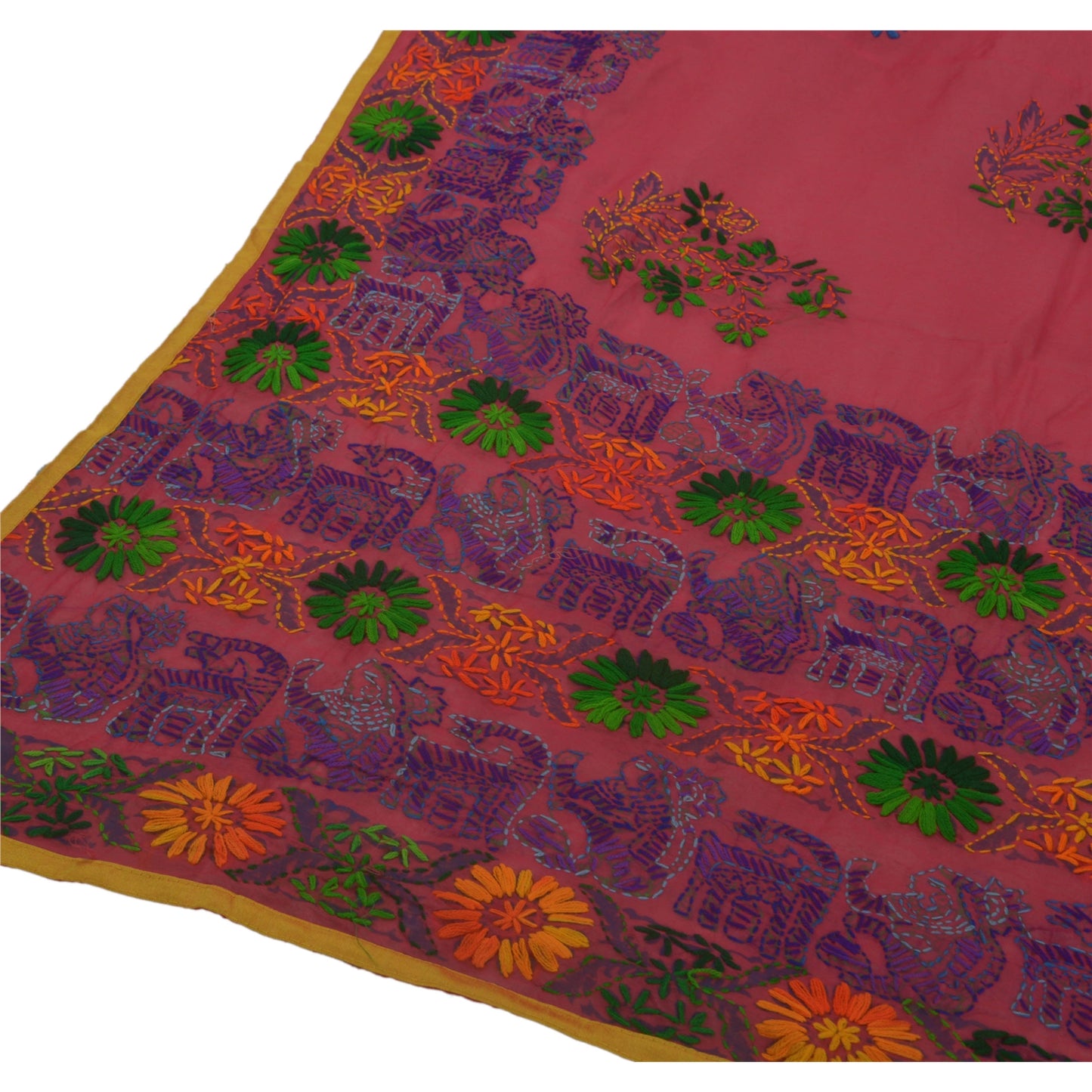 Sanskriti Vintage New Pink Heavy Dupatta Hand Embroidered Kantha Stole Chanderi Silk