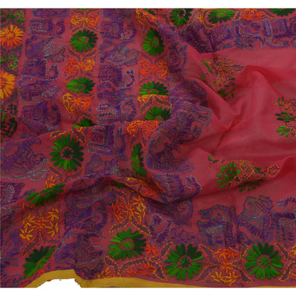 Sanskriti Vintage New Pink Heavy Dupatta Hand Embroidered Kantha Stole Chanderi Silk