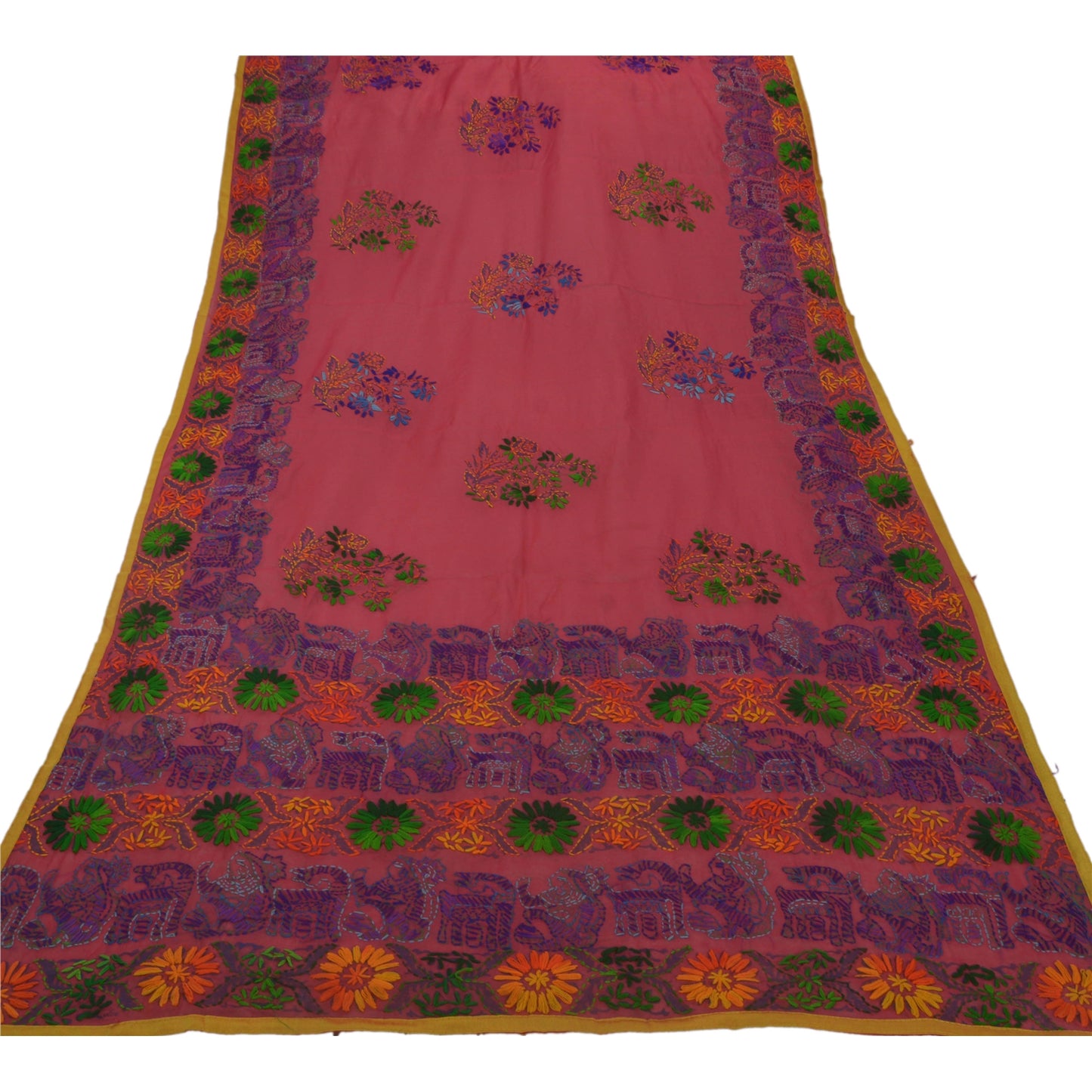 Sanskriti Vintage New Pink Heavy Dupatta Hand Embroidered Kantha Stole Chanderi Silk