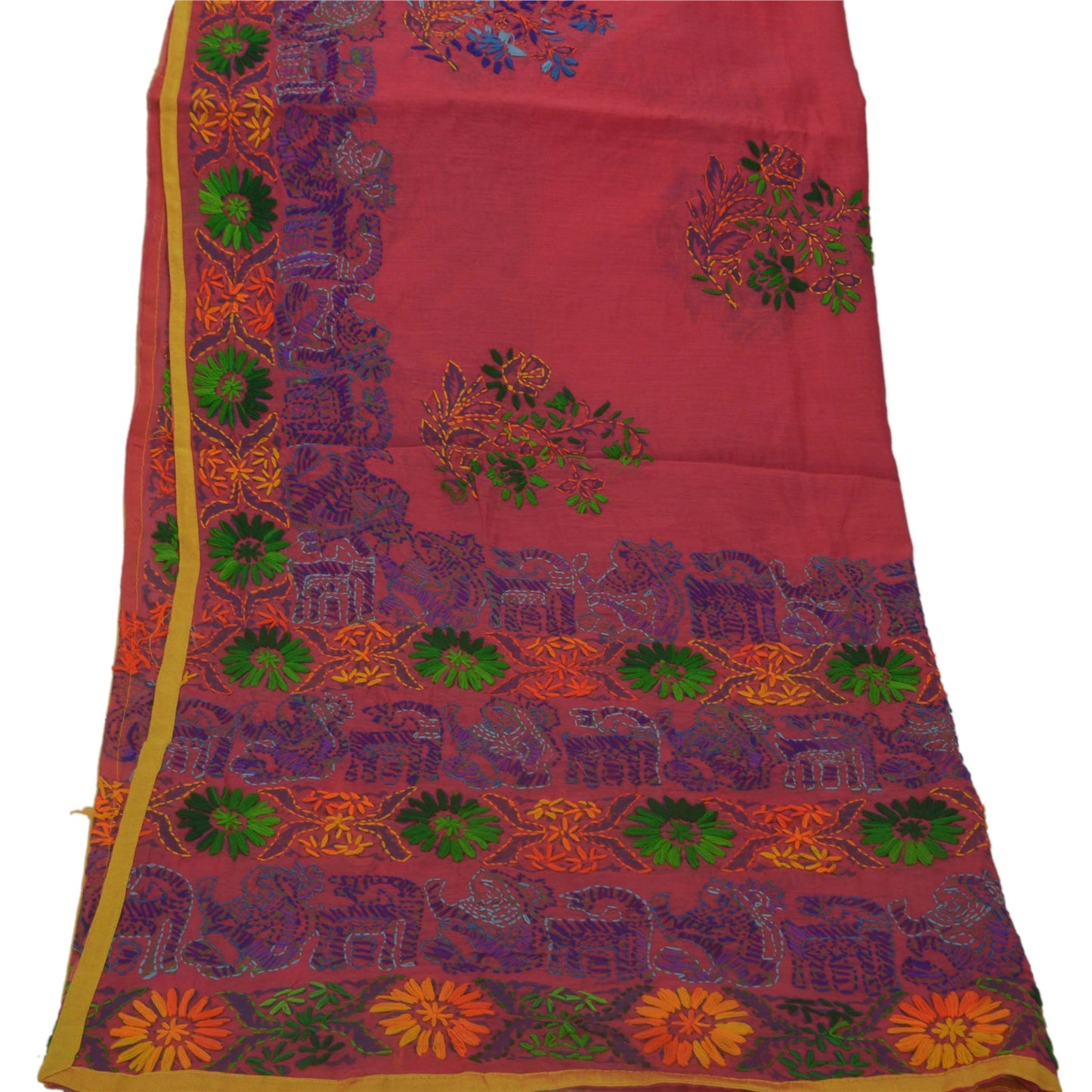 Sanskriti Vintage New Pink Heavy Dupatta Hand Embroidered Kantha Stole Chanderi Silk