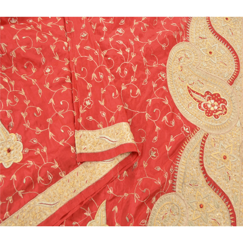 Sanskriti Vintage Indian Red Dupatta Pure Silk Hand Beaded Zari Zardozi Patchwork Indian Stole Indian Craft Supplies Fabric