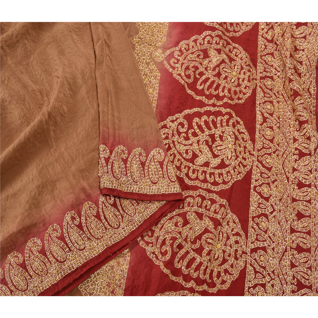 Sanskriti Vintage Brown Heavy Dupatta 100% Pure Crepe Silk Hand Beaded Stole