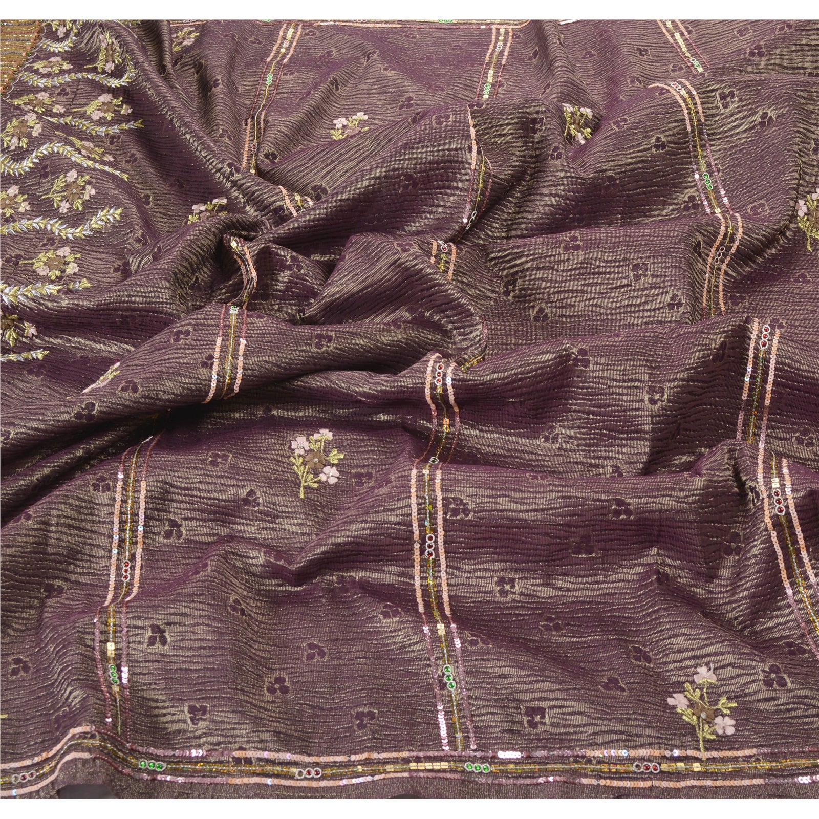 Sanskriti Vintage Purple Heavy Dupatta Tissue Hand Beaded Woven Sequins Stole