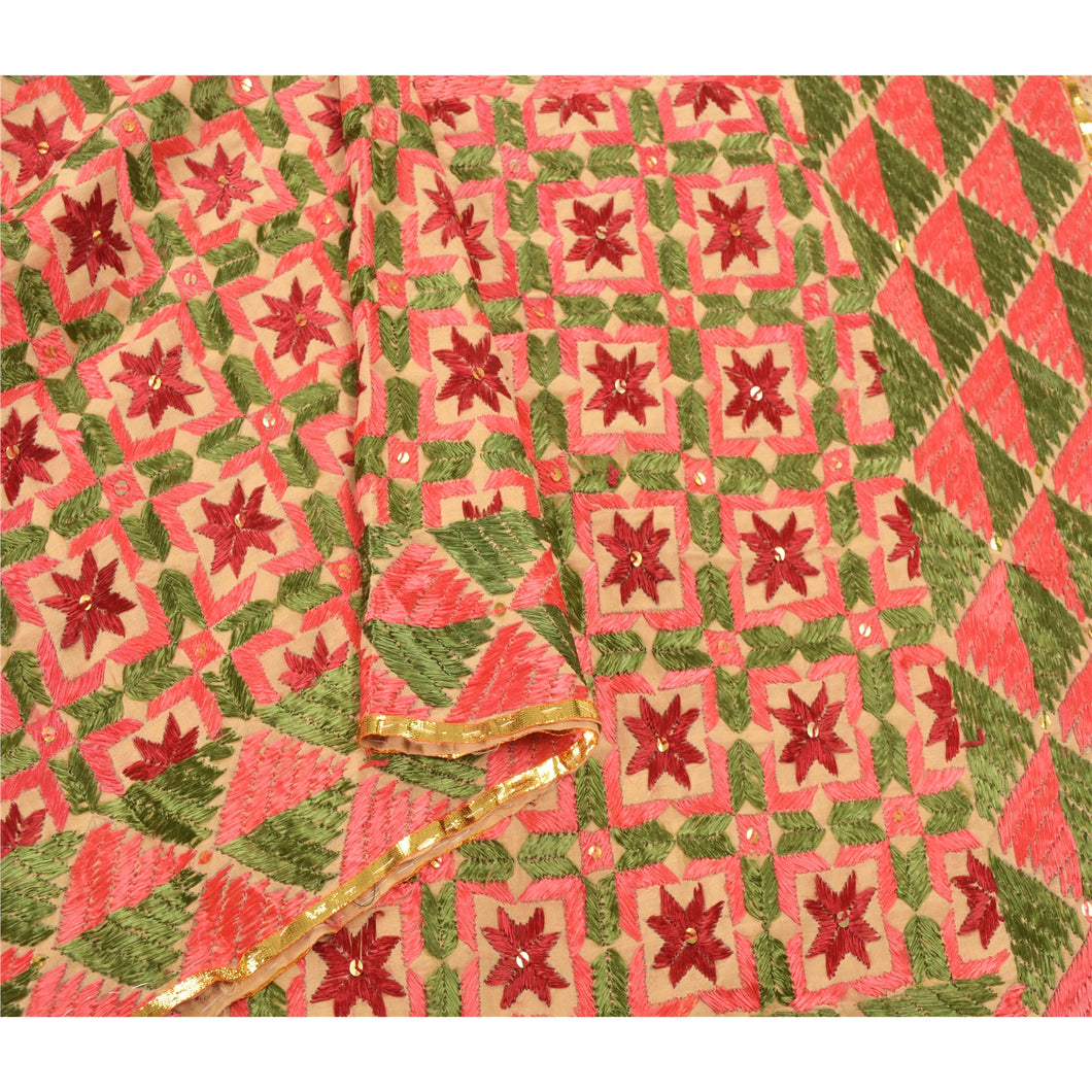 Sanskriti Heavy Dupatta Hand Embroidered Cream Pure Cotton Bagh Phulkari Stole Veil