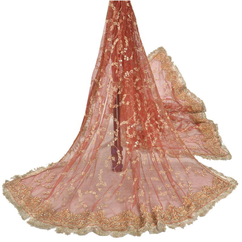 Sanskriti Vintage Indian Traditional Red Dupatta Net Mesh Hand Bead Zari Zardozi Stole Indian Heritage Textile Women Traditional Dress