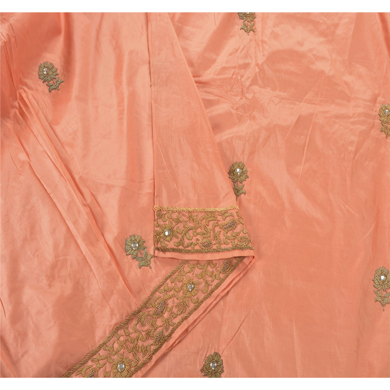 Sanskriti Vintage Fersken Tung Dupatta Ren Satin Silke Håndperlet Zardozi Stola