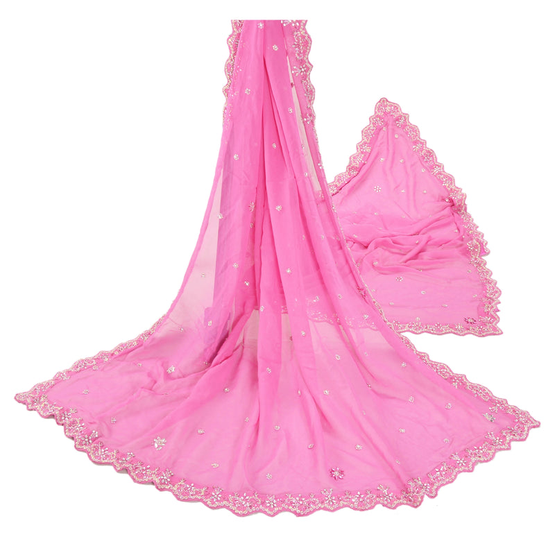 Sanskriti Vintage Heavy Dupatta Ren Georgette Silke Pink Håndperlet Sjal
