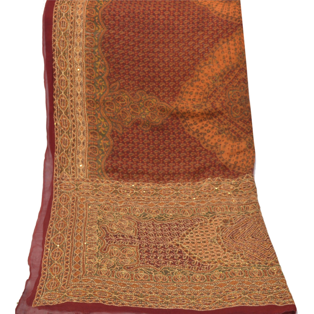 Sanskriti Vintage Heavy Dupatta Georgette Dark Red Hand Beaded Kantha Wrap Stole
