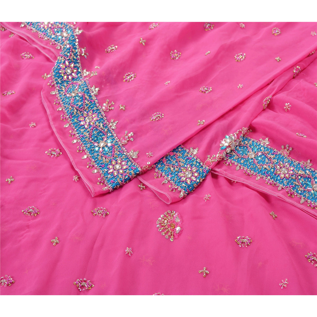 Sanskriti Vintage Heavy Dupatta 100% Pure Georgette Silk Pink Hand Beaded Stole