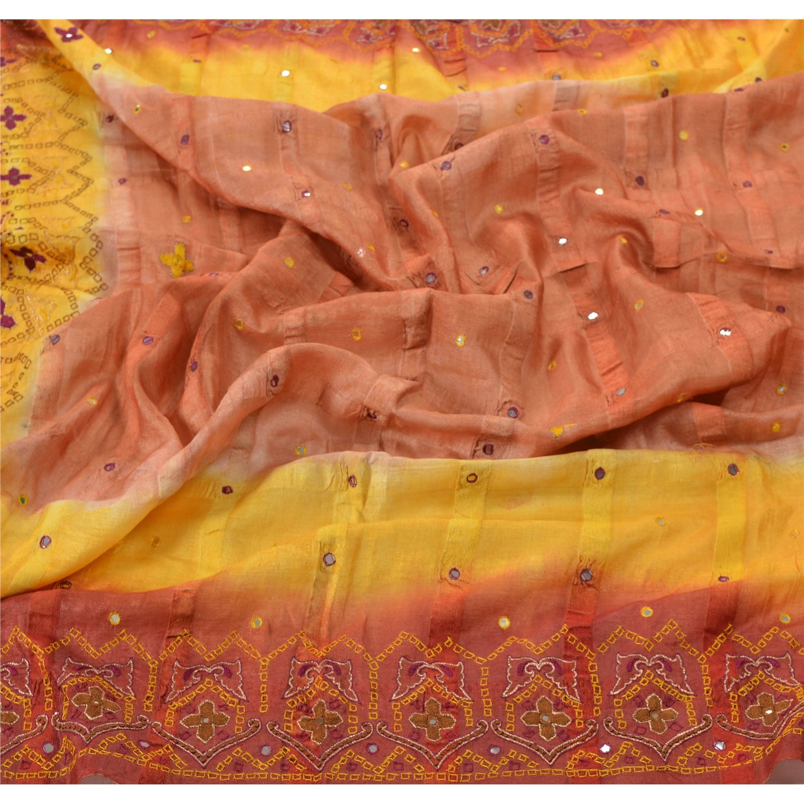Sanskriti Vintage Indian Dupatta Pure Silk Hand Embroidered Zari Mirror Pre-Owned Stole For Dressmaking,Craft Supplies,Upcyclers,Decor