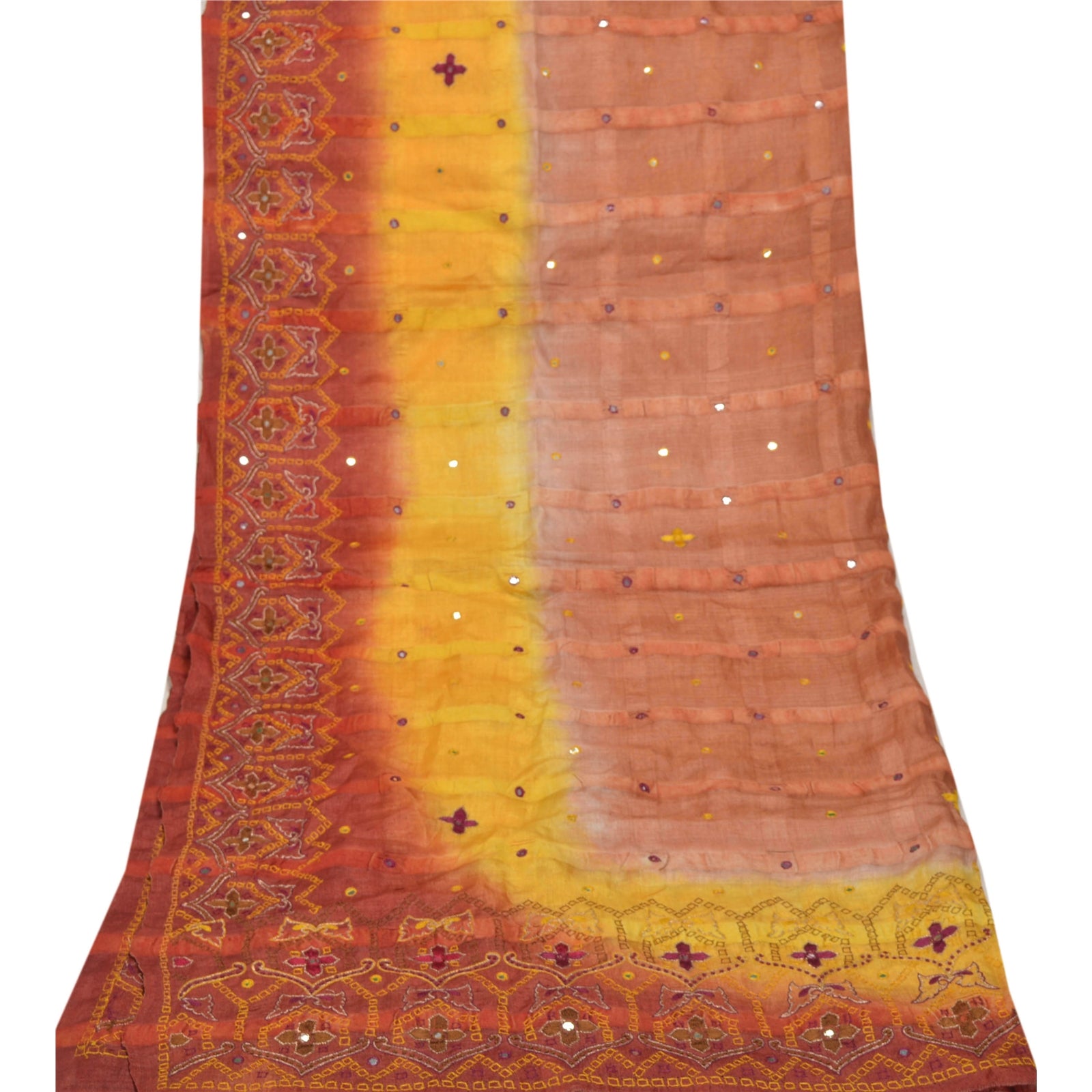 Sanskriti Vintage Indian Dupatta Pure Silk Hand Embroidered Zari Mirror Pre-Owned Stole For Dressmaking,Craft Supplies,Upcyclers,Decor