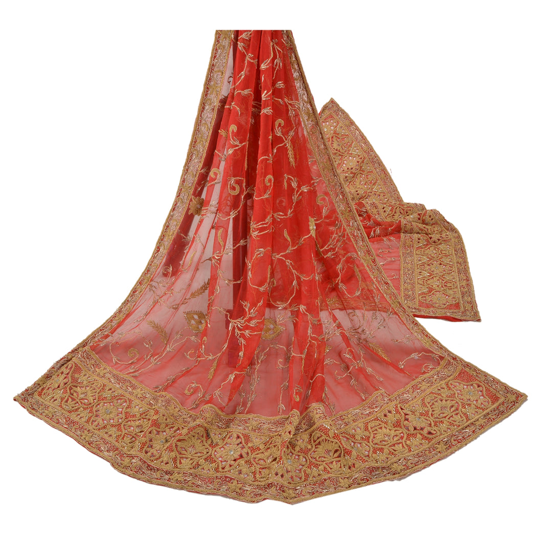 Sanskriti Vintage Heavy Dupatta 100% Pure Chiffon Silk Red Hand Beaded Stole