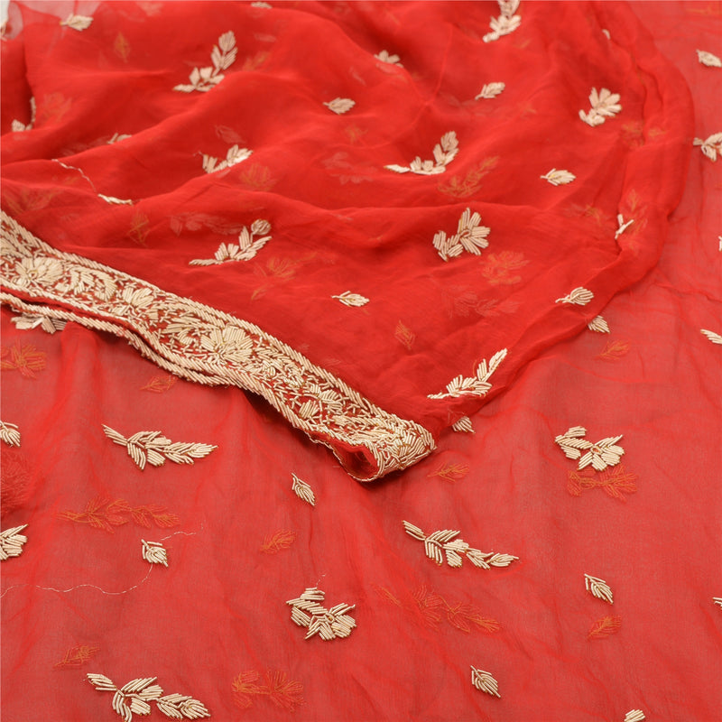 Sanskriti Vintage Indian Wedding Dupatta Pure Chiffon Silk Red Hand Embroidered Zardozi Stole upholstery fabric